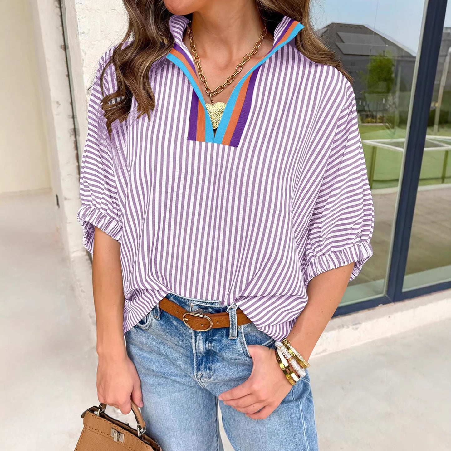 Striped V-Neck Colorblock Blouse Short Sleeve Casual Top