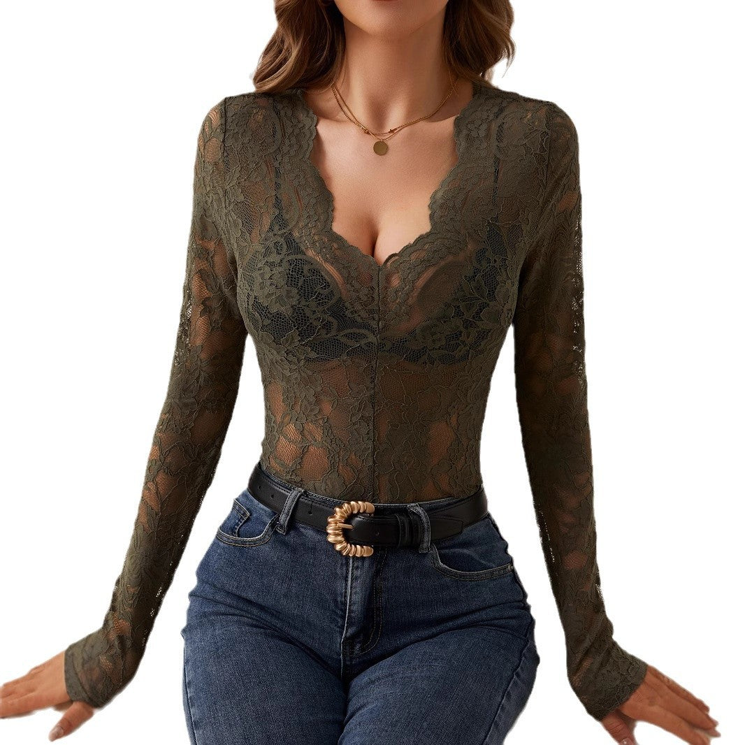 Women's V-Neck Long Sleeve Floral Lace Scalloped Top