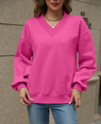 Colorblock V Neck Fleece Sweatshirt Women Casual Pullover Top