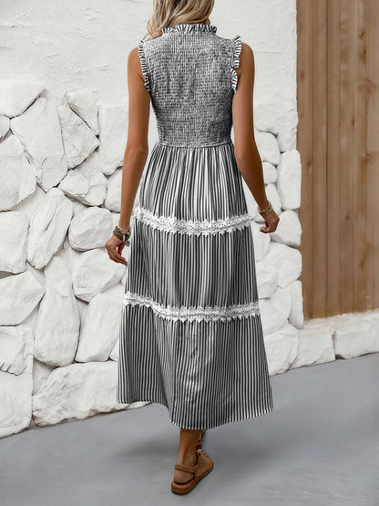 Sleeveless Striped Lace Midi Dress Ruffled A-Line Summer