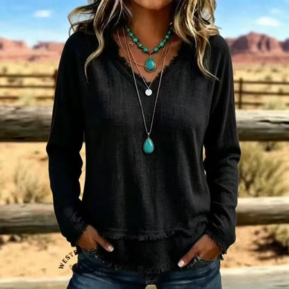 Women's Oversized V Neck Frayed Hem Long Sleeve Top