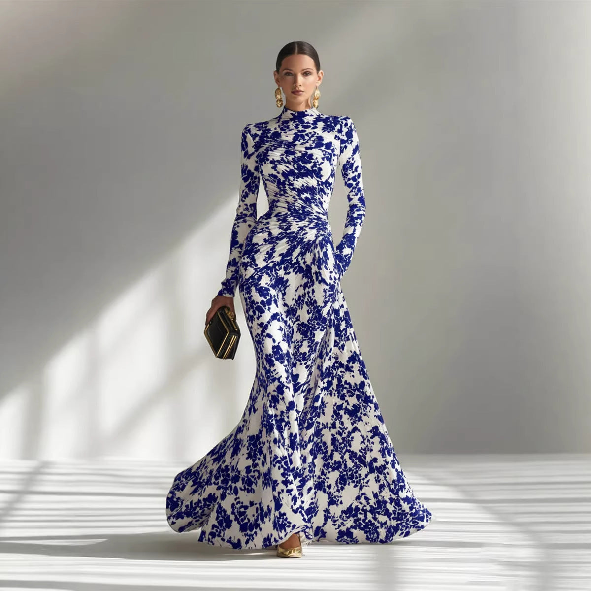 Women's Elegant Floral Ruched Long Sleeve Maxi Dress
