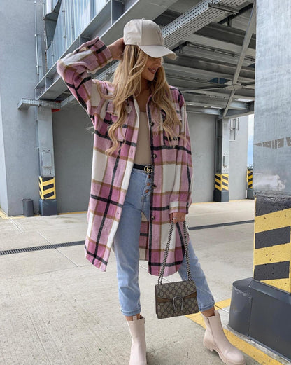 Women's Plaid Shacket Long Sleeve Button Down Shirt