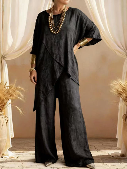 Women's Linen 2PC Set Asymmetric Hem Wide Leg Pants