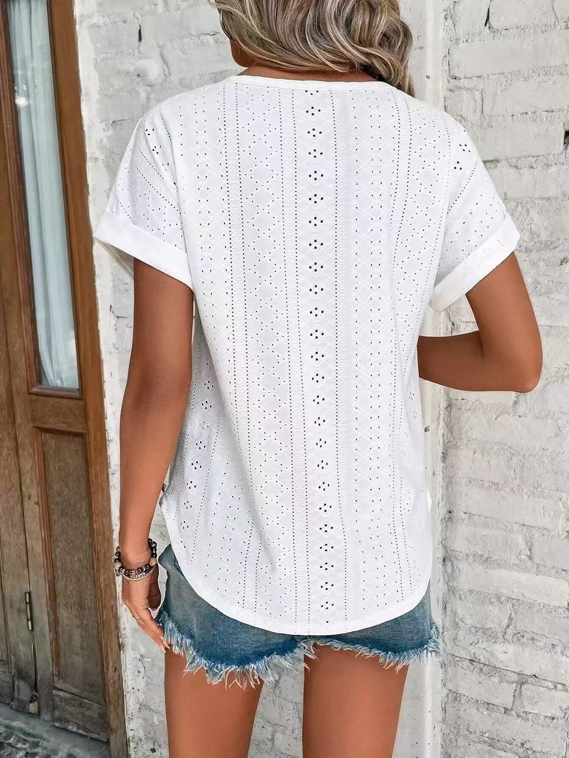 Solid Eyelet Short Sleeve Tee Loose Fit Casual Top