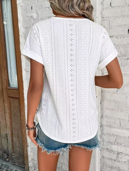 Solid Eyelet Short Sleeve Tee Loose Fit Casual Top