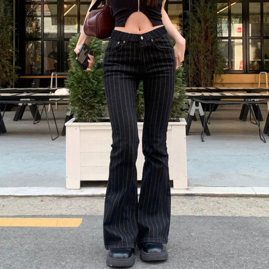 Y2K Low Rise Pinstripe Flare Jeans Women Black Denim