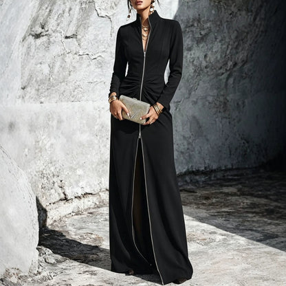 Ruched High Neck Zip Front Maxi Dress Bodycon Long Sleeve