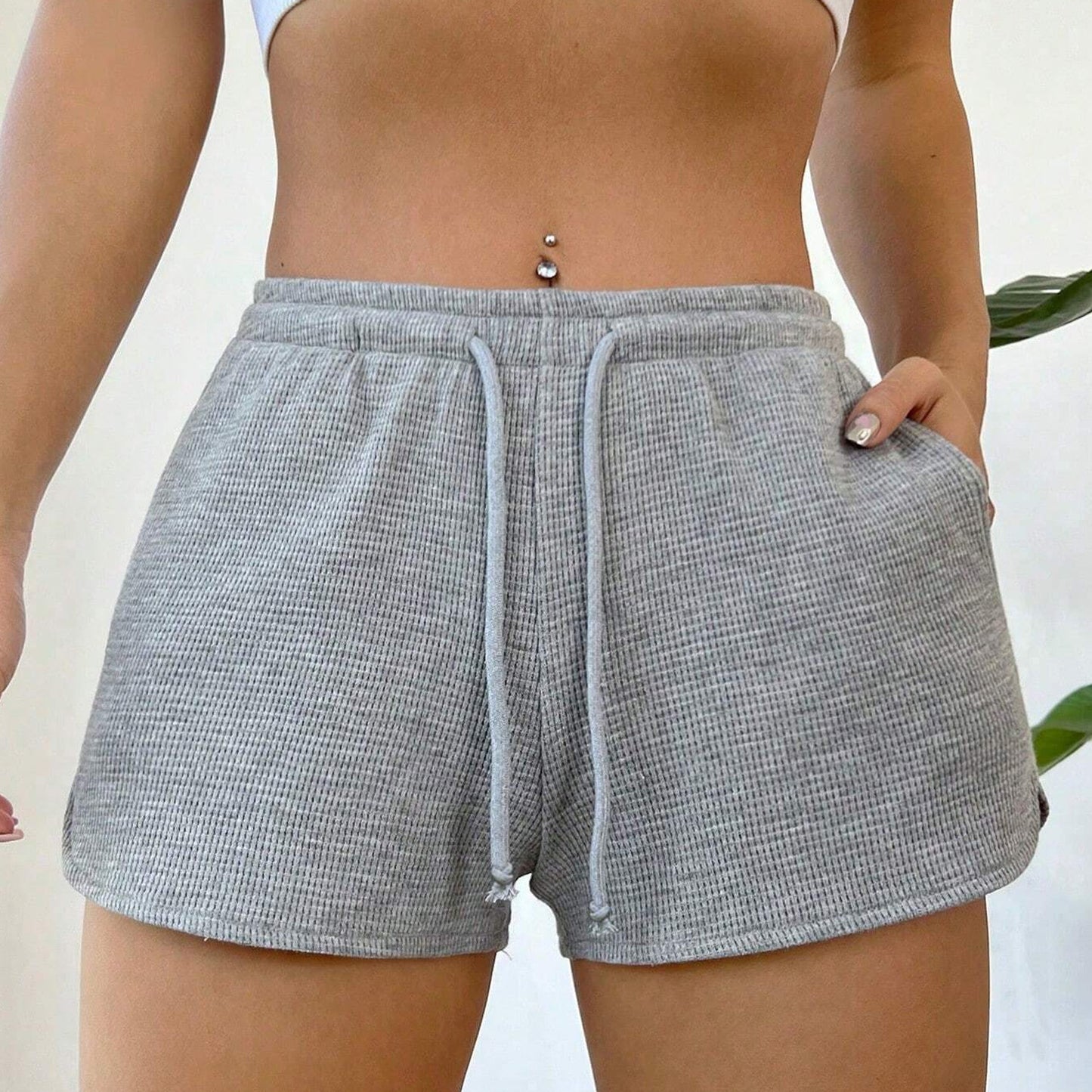 Waffle Knit Drawstring Shorts High Waist Lounge
