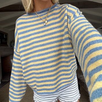 Oversized Striped Crewneck Sweater Women Pullover