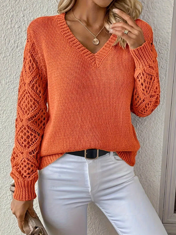 Women's V-Neck Crochet Sleeve Sweater Top