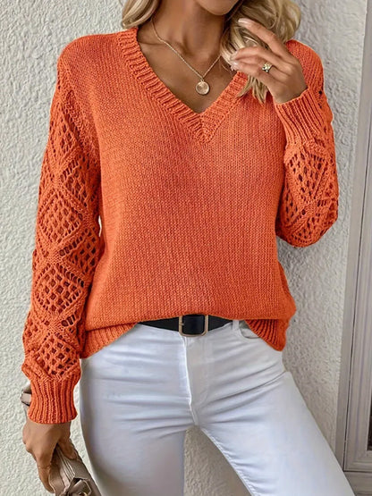 Women's V-Neck Crochet Sleeve Sweater Top