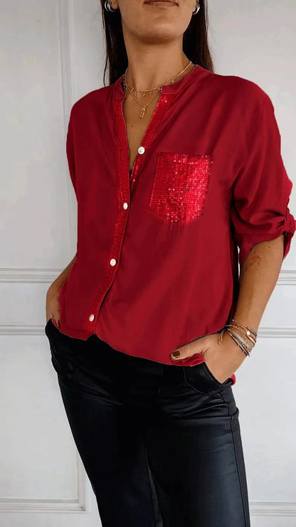 Women's Rhinestone 3/4 Sleeve Casual Button Down Blouse