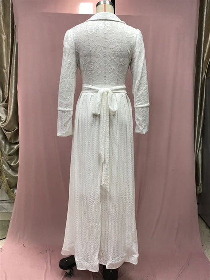 White Lace Floral Maxi Dress Long Sleeve Vintage Formal