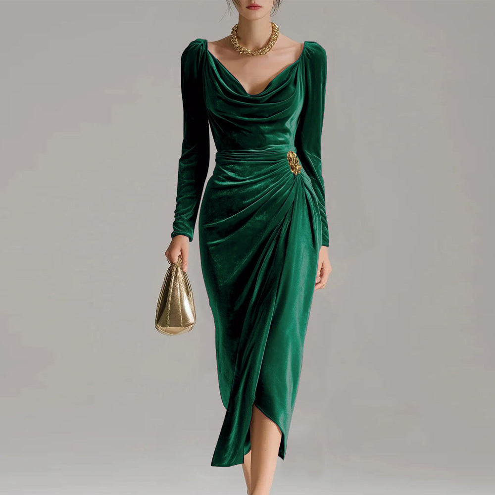 Sexy Velvet Ruched Long Sleeve Bodycon Midi Slit Dress