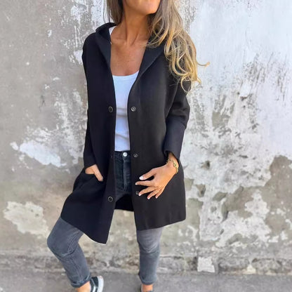 Women's Hooded Coat Button Front Mid Length Casual