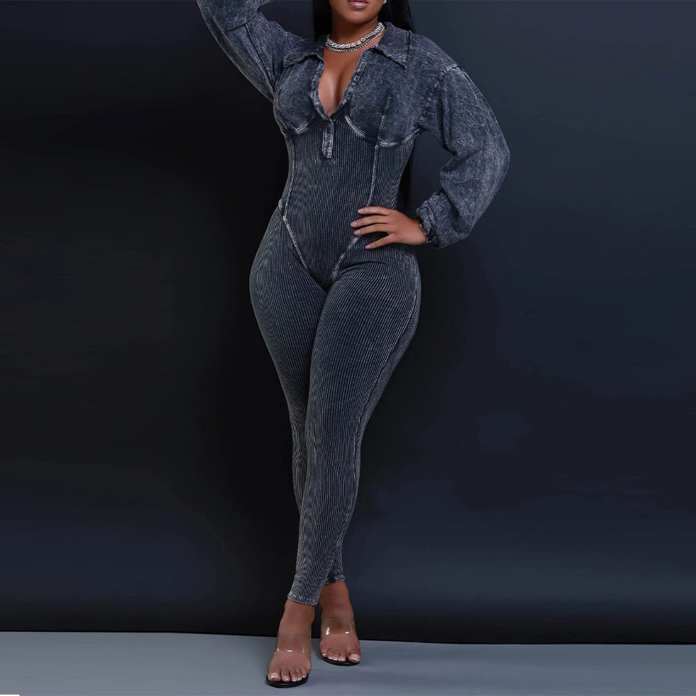 Sexy Ribbed Long Sleeve Zip Up Bodycon Jumpsuit