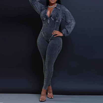 Sexy Ribbed Long Sleeve Zip Up Bodycon Jumpsuit