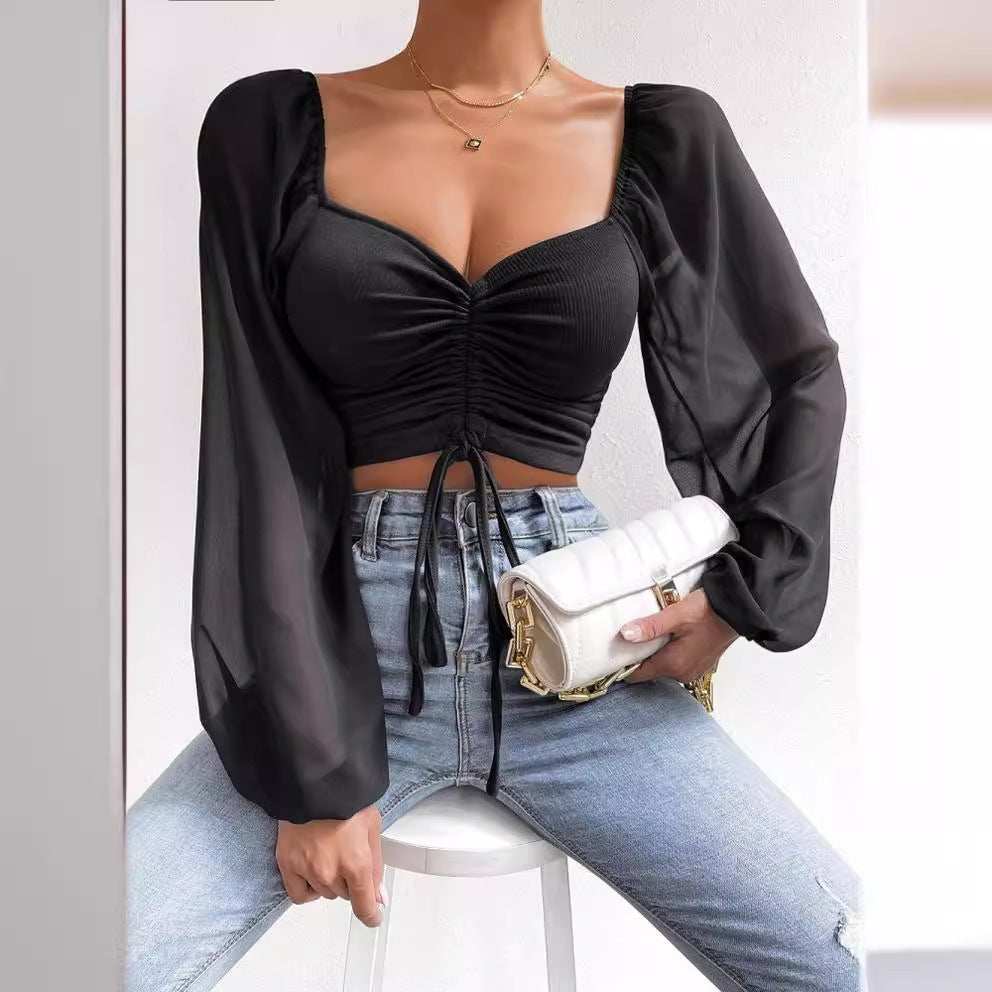 Sexy V Neck Ruched Sheer Balloon Sleeve Crop Top Blouse