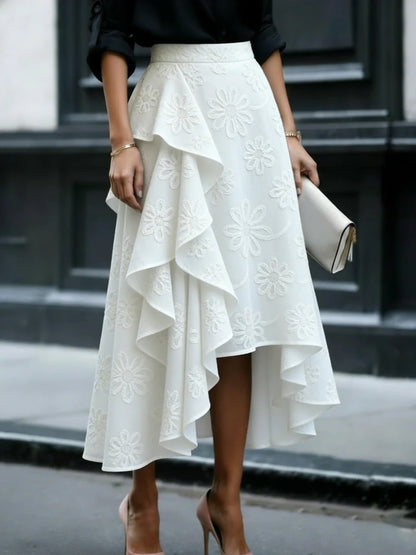 Women's Floral Asymmetrical Ruffle Midi Skirt