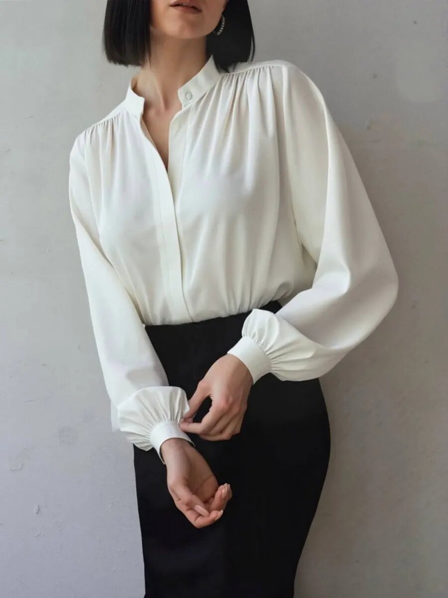 Women's Satin Puff Sleeve Blouse Mandarin Collar Top