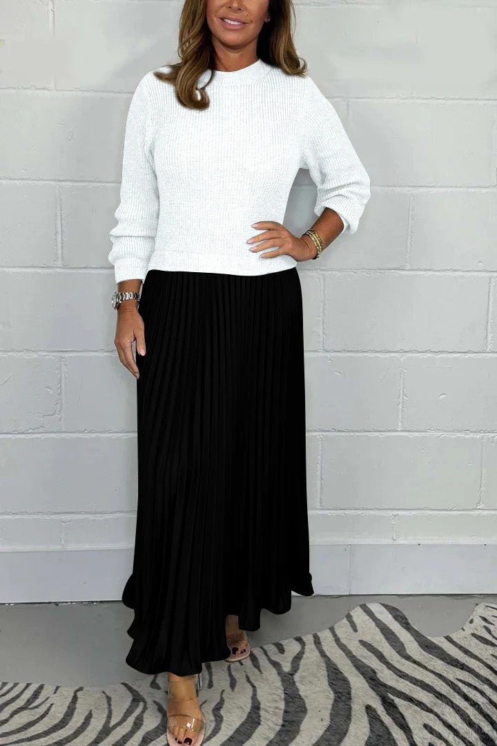 Women's Colorblock Ribbed Pleated Maxi Dress Long Sleeve