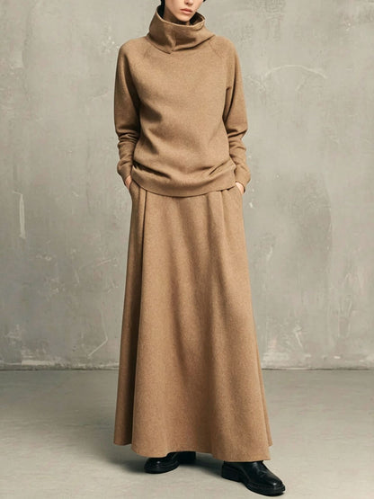 Womens Fleece Turtleneck Sweatshirt Maxi Skirt Set