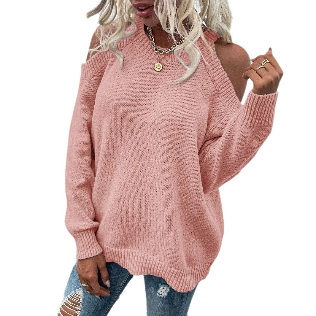 Women's Cold Shoulder Knit Sweater Crew Neck Pullover