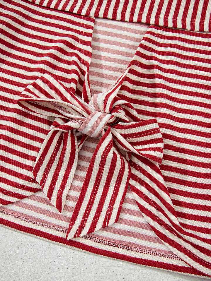 Blue Striped Knit Back Bow Open Back Top Women