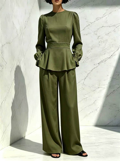Women's Puff Sleeve Peplum Top Wide Leg Pants Set