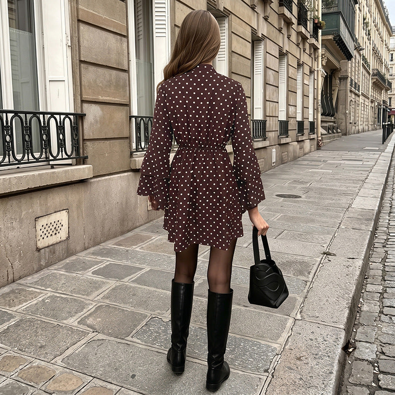 Women's Polka Dot V Neck Bell Sleeve A Line Mini Dress