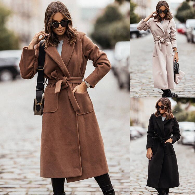 Women's Belted Long Wool Coat Lapel Pockets