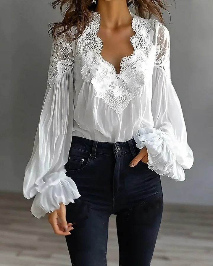 Embroidered Lace V Neck Balloon Sleeve Blouse