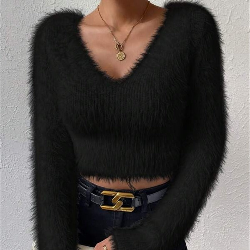 Women's Fuzzy V Neck Cropped Sweater