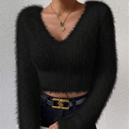 Women's Fuzzy V Neck Cropped Sweater