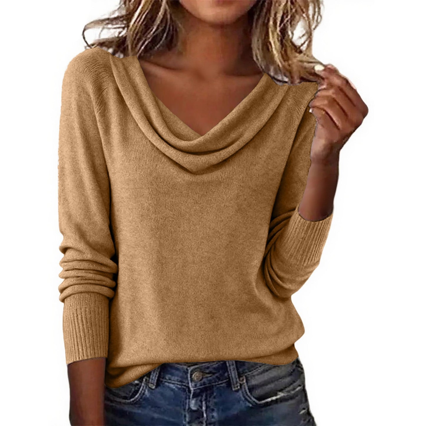 Women's Cowl Neck Puff Sleeve Solid Knit Sweater Top