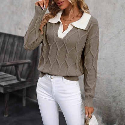 Women's Cable Knit Collared V-Neck Pullover Sweater