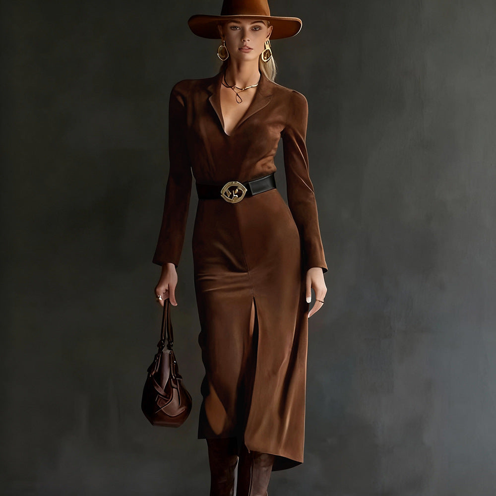Suede Blazer Midi Dress Belted Long Sleeve Slit