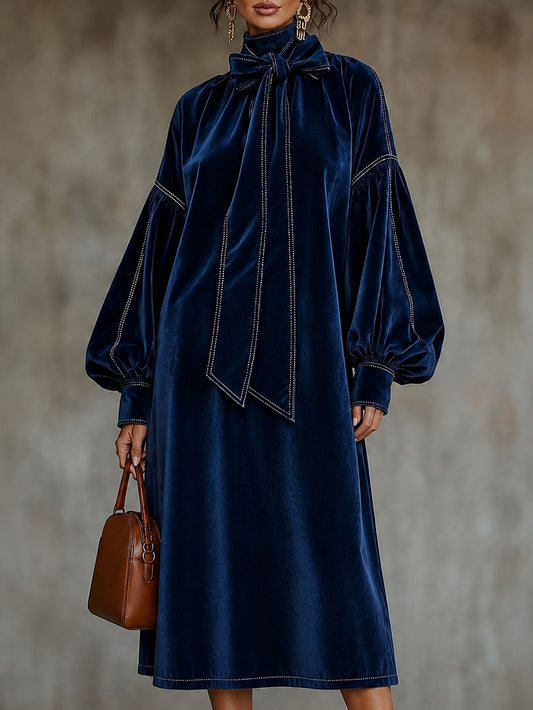 Elegant Velvet Tie Neck Midi Dress Long Puff Sleeve