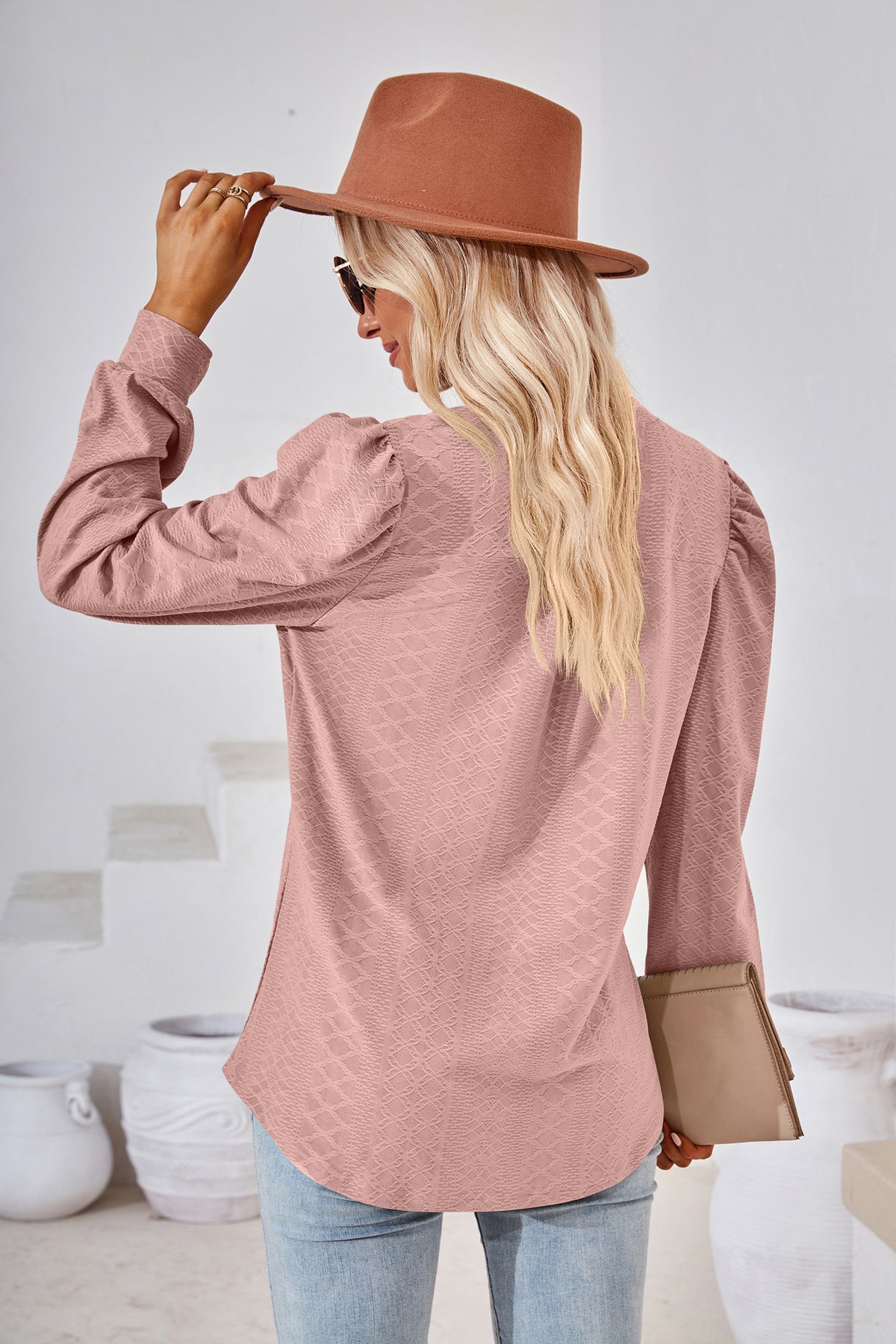 Women's V Neck Puff Sleeve Textured Tunic Top Long Sleeve