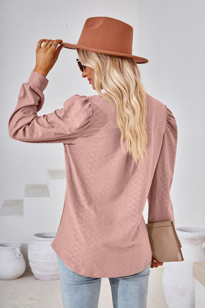 Women's V Neck Puff Sleeve Textured Tunic Top Long Sleeve