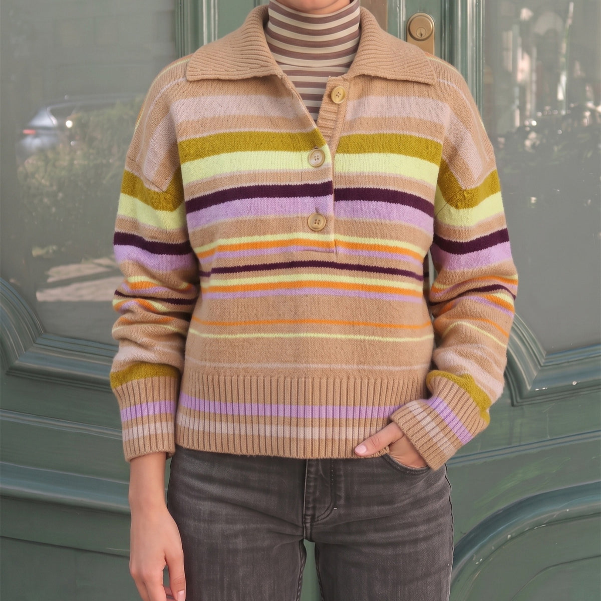 Women's Striped Polo Collar Long Sleeve Sweater
