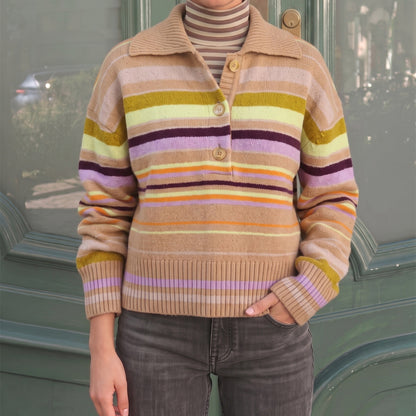 Women's Striped Polo Collar Long Sleeve Sweater