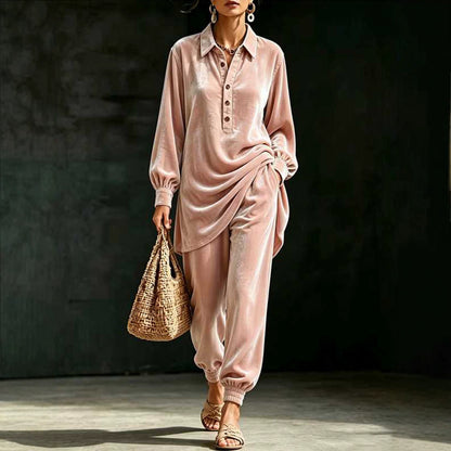 Women Oversized Velvet Lounge Set 2 Piece Shirt & Pants
