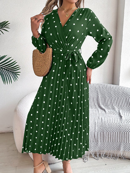 Elegant Polka Dot Cross-Over V-Neck Pleated Midi Dress