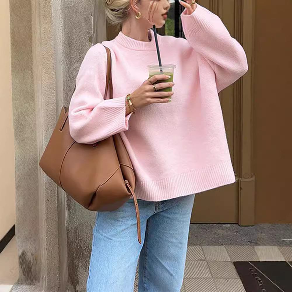 Women's Pink Oversized Crewneck Pullover Sweater