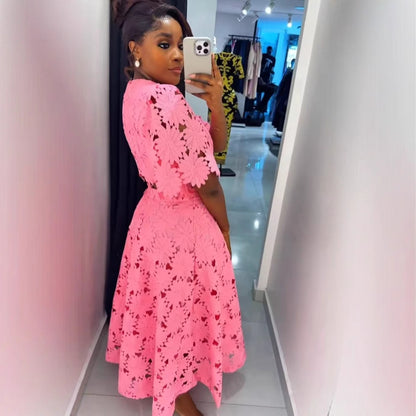 Women's Lace Floral Cutout Two Piece Midi Skirt Set