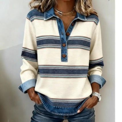 Women's Striped Waffle Knit Denim Collar Long Sleeve Top