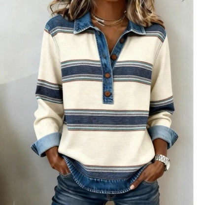 Women's Striped Waffle Knit Denim Collar Long Sleeve Top