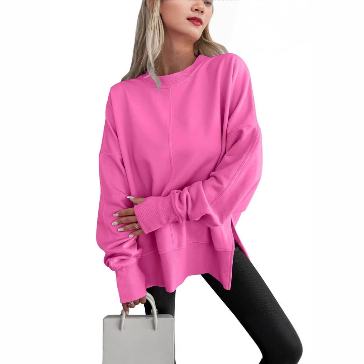 Oversized Crewneck Sweatshirt Batwing Side Slit Fleece